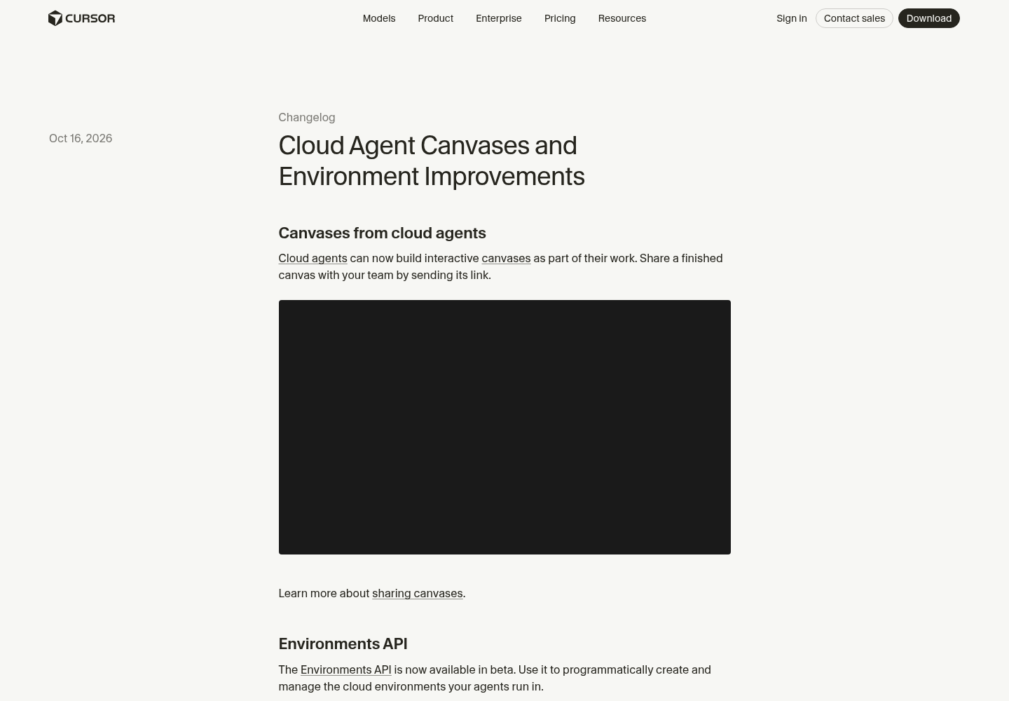 Cursor's changelog entry for Cloud Agent Canvases and Environment Improvements, dated October 16, 2026, showing the entry title and date, the Canvases from cloud agents section, and the beginning of the Environments API section.