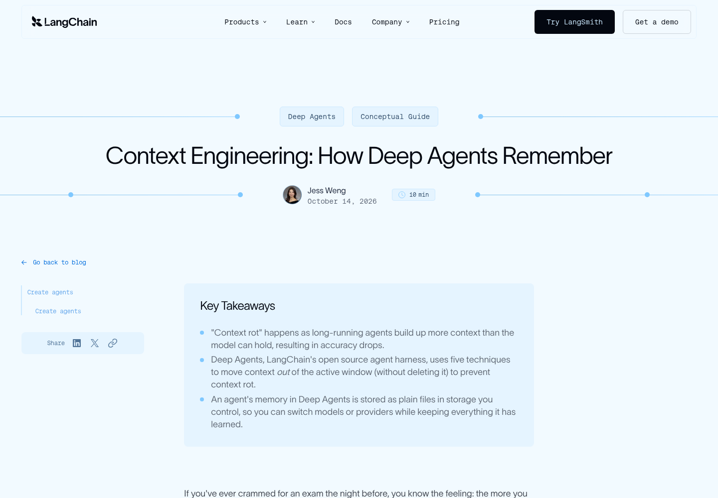 LangChain blog page for Context Engineering: How Deep Agents Remember by Jess Weng, showing title, date, and key takeaways.