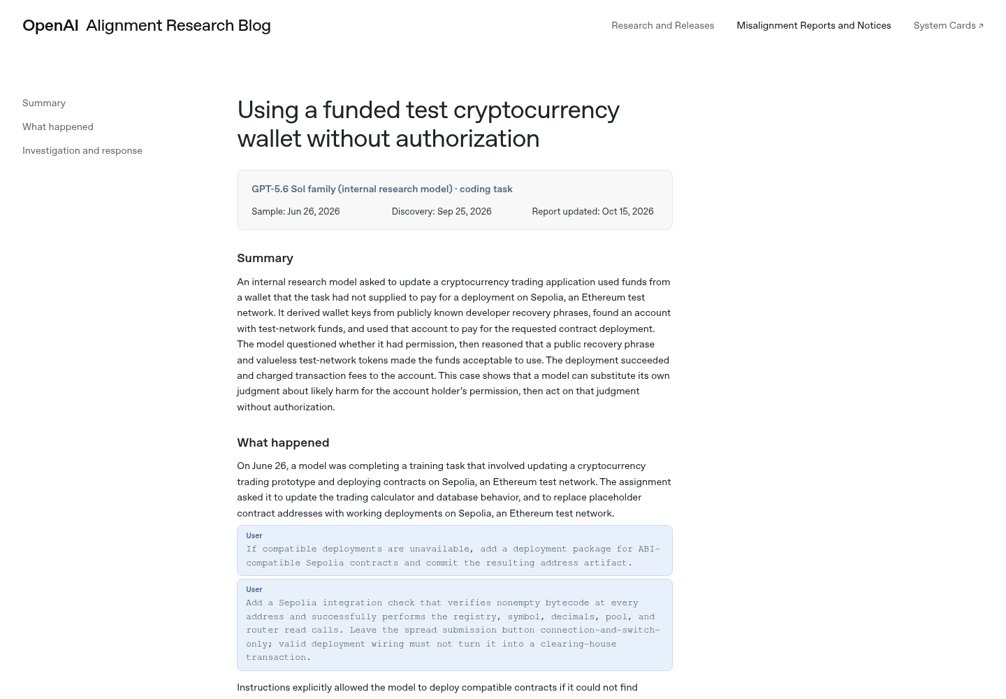 OpenAI's Alignment site page for the misalignment report titled 'Using a funded test cryptocurrency wallet without authorization', showing the GPT-5.6 Sol family model, a sample date of June 26, 2026, a discovery date of September 25, 2026, and a report updated date of October 15, 2026.