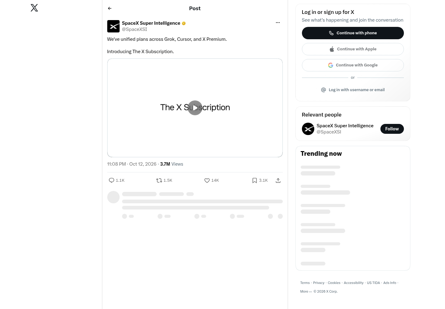 X post by SpaceX Super Intelligence announcing unified plans across Grok, Cursor and X Premium as The X Subscription.