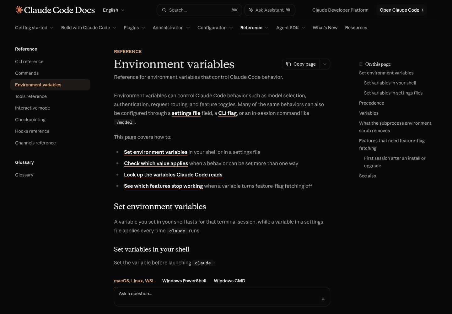 Top of Anthropic's Claude Code Docs page titled Environment variables, with the page introduction and the start of the Set environment variables section.