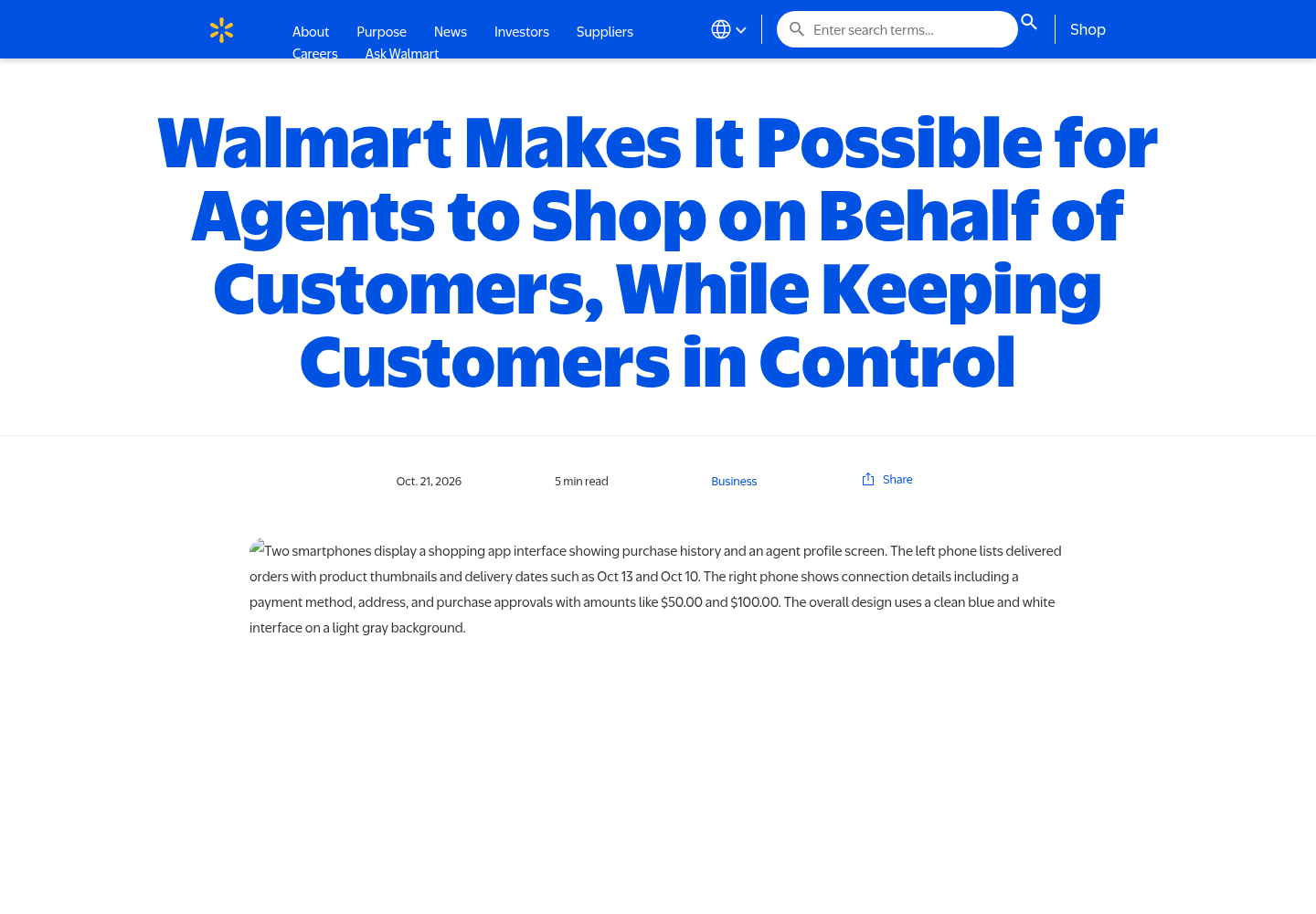 Walmart corporate news page showing the headline "Walmart Makes It Possible for Agents to Shop on Behalf of Customers, While Keeping Customers in Control" and its October 21, 2026 date, with the page's hero image not rendering and its alt text visible.