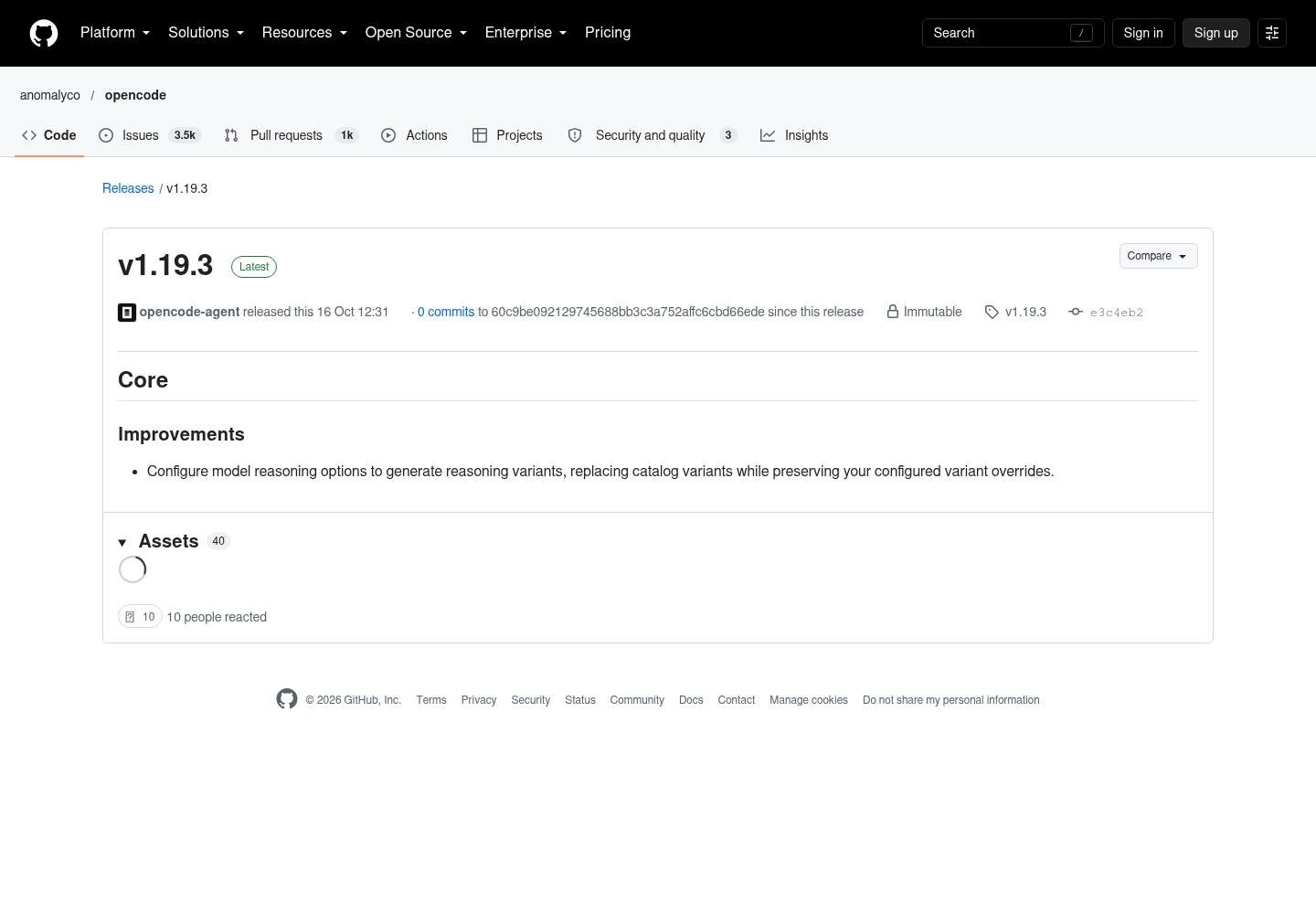 GitHub release page for Anomaly's OpenCode v1.19.3.