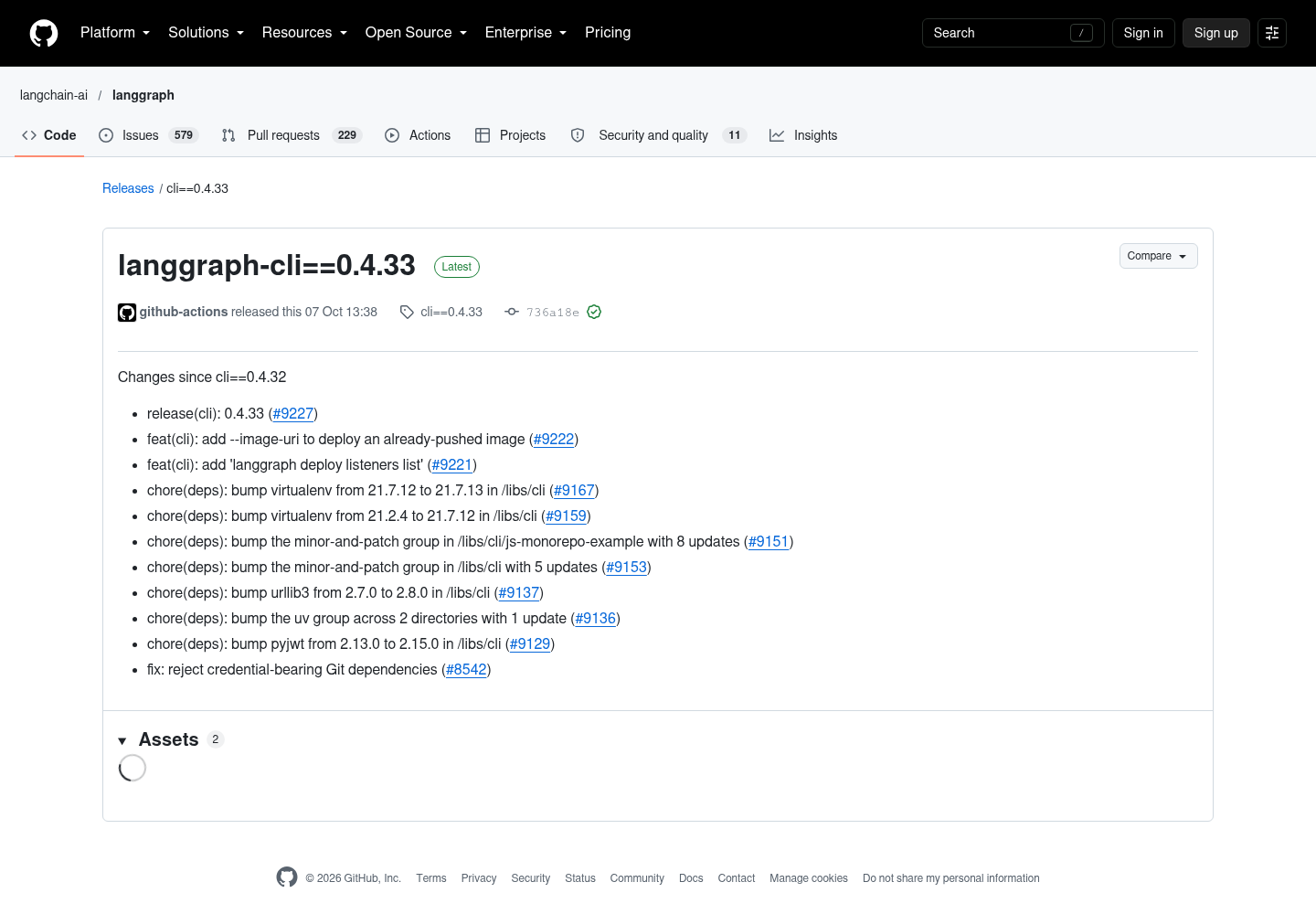 LangChain’s GitHub release page for langgraph-cli 0.4.33, with its release heading and change list.