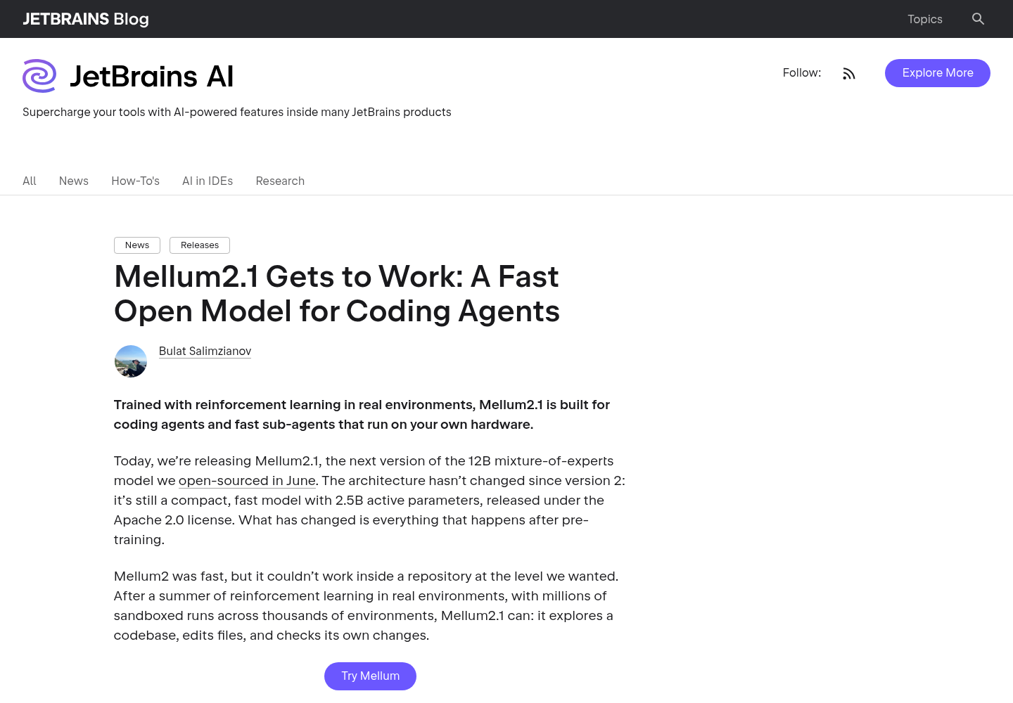 JetBrains Blog’s Mellum2.1 release announcement page.
