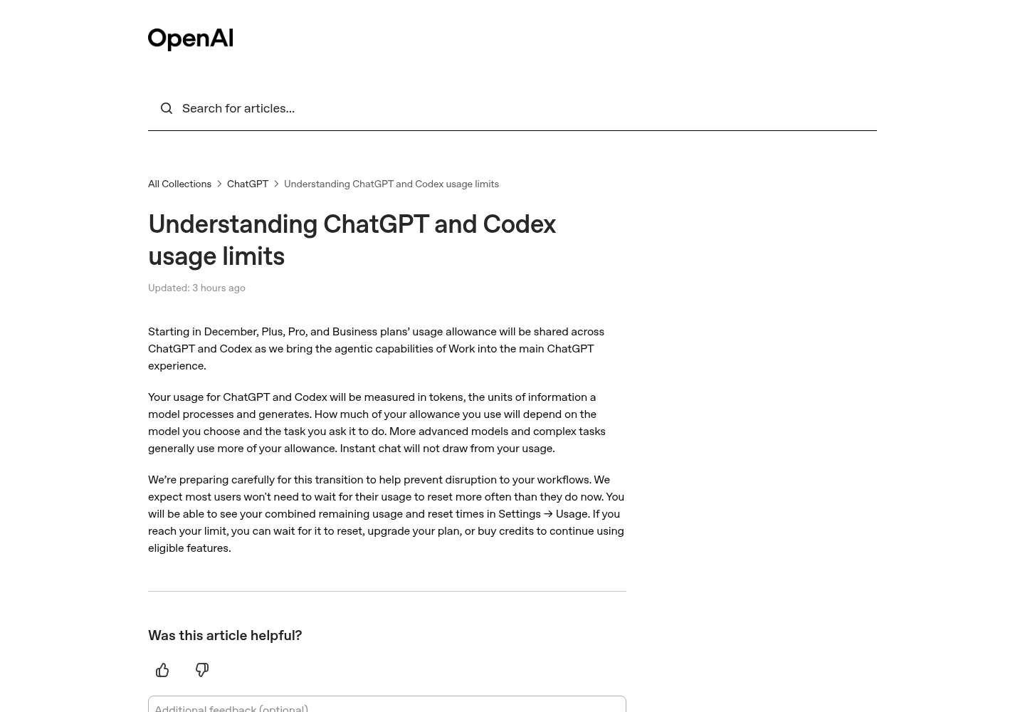 OpenAI Help Center article titled Understanding ChatGPT and Codex usage limits, showing the announcement that starting in December the Plus, Pro and Business usage allowance is shared across ChatGPT and Codex and measured in tokens, with Instant chat excluded.