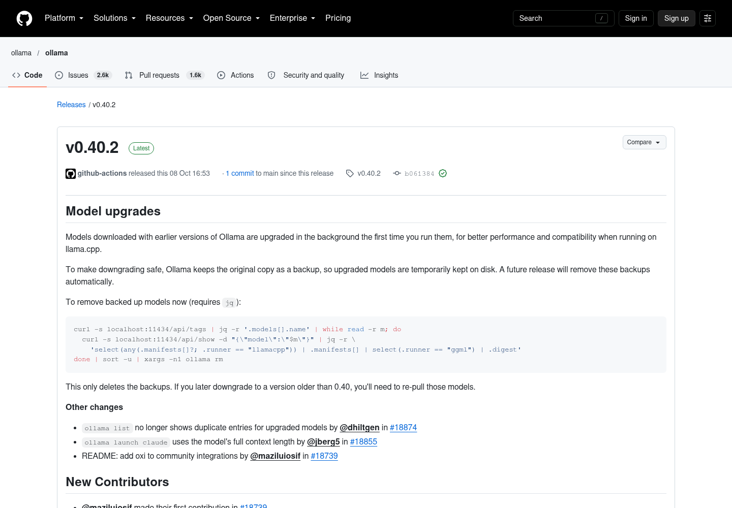 The Ollama v0.40.2 GitHub release page showing the Model upgrades notes, the backup removal command and the list of other changes.