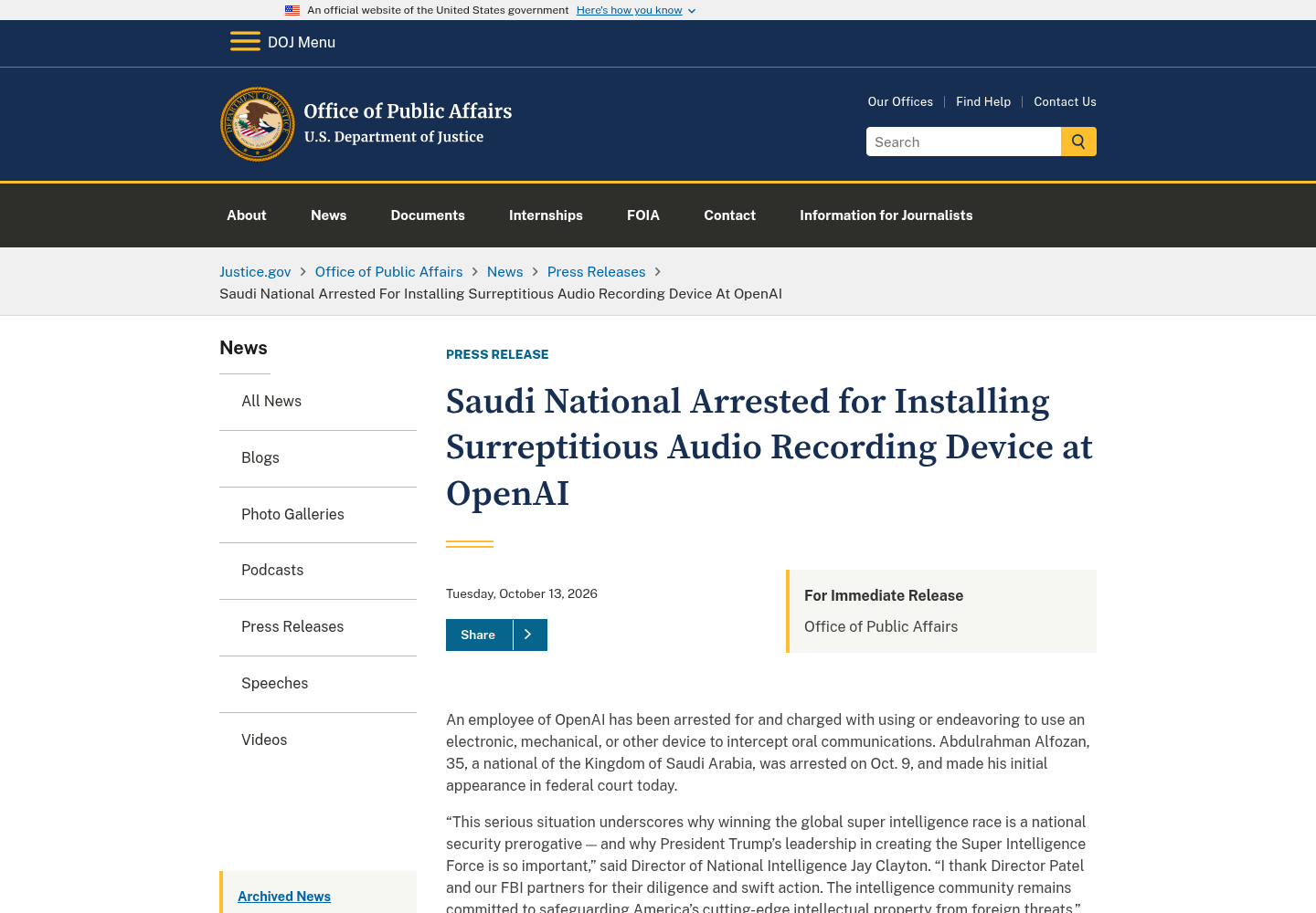 The U.S. Department of Justice press release page announcing the arrest of a Saudi national for installing a surreptitious audio recording device at OpenAI.