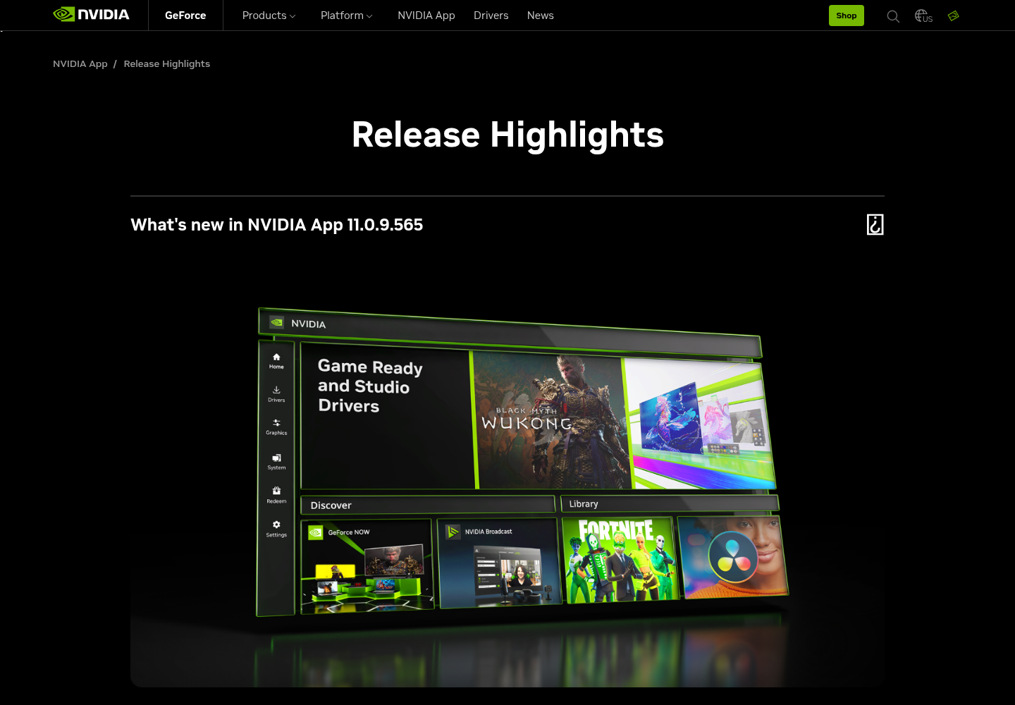 NVIDIA's official Release Highlights page for NVIDIA App, showing the What's new in NVIDIA App 11.0.9.565 section listing AI Agent Support for Model Context Protocol (MCP) server among the new features.