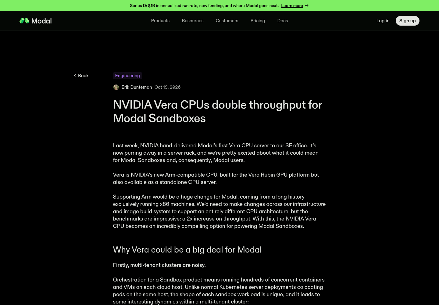 Modal's blog post announcing NVIDIA Vera CPU support and benchmark results for Modal Sandboxes.