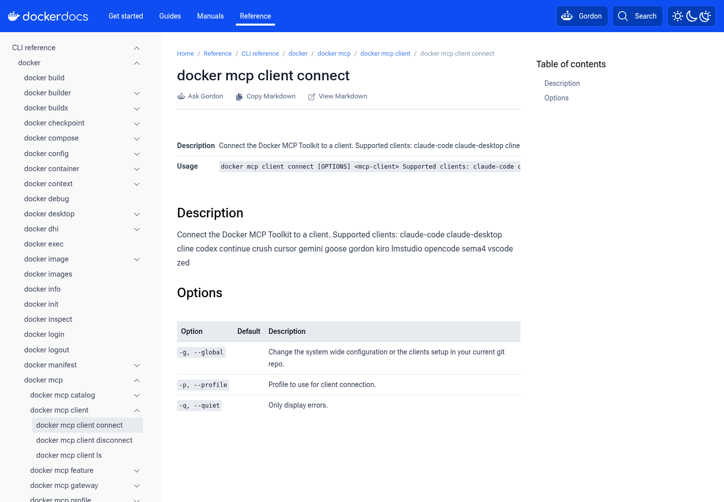 Docker Docs reference page for the docker mcp client connect command, showing its description and the list of supported clients including claude-code, codex and cursor.
