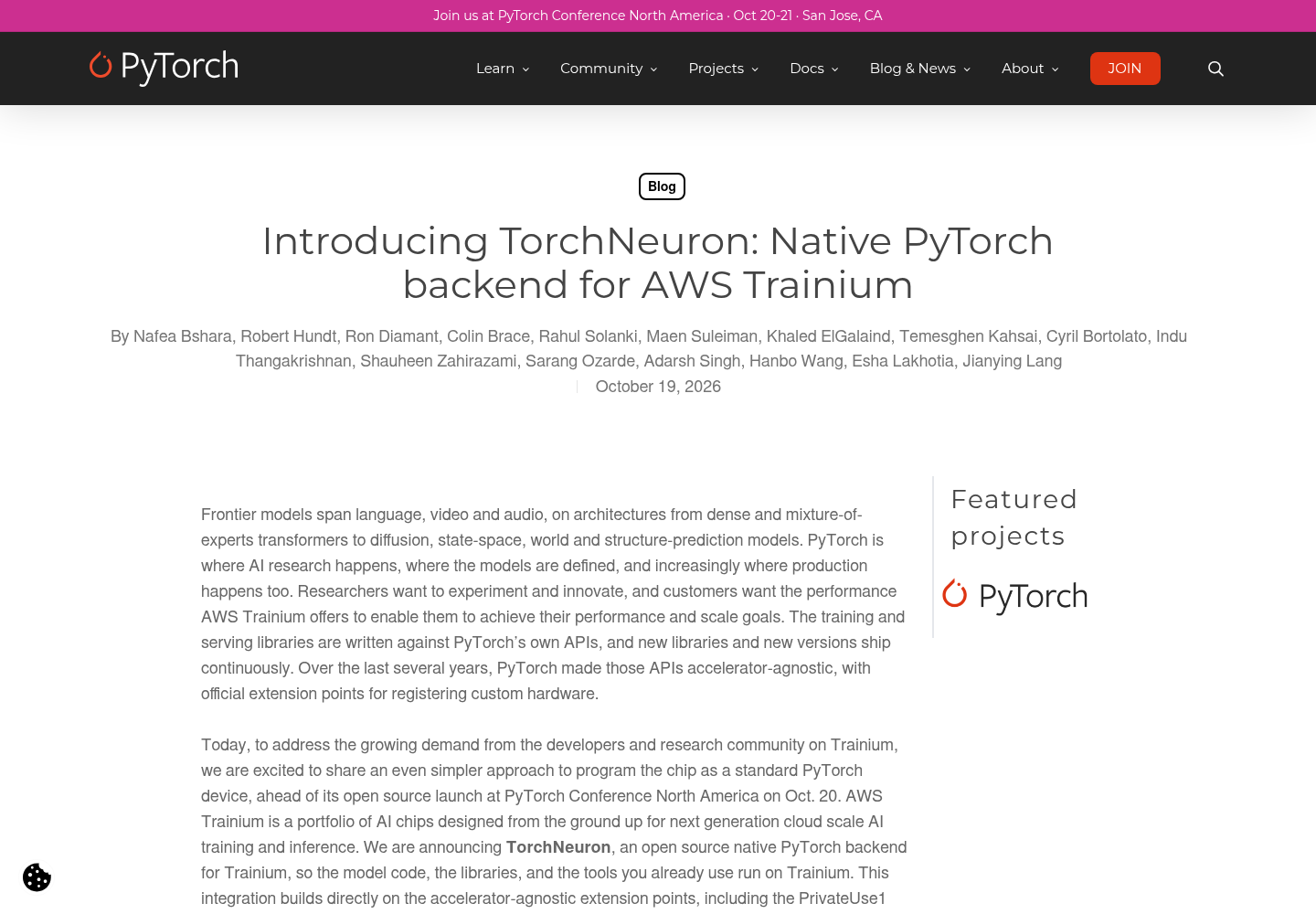 The PyTorch blog page announcing TorchNeuron, the native PyTorch backend for AWS Trainium.