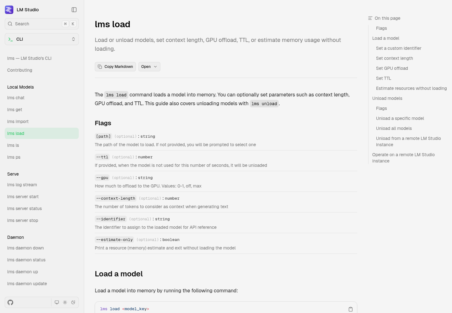 LM Studio documentation page for the lms load command, at lmstudio.ai/docs/cli/local-models/load.
