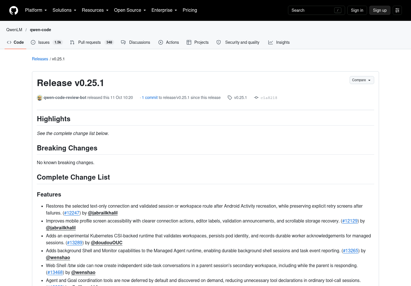 GitHub release page for Qwen Code v0.25.1 in the QwenLM/qwen-code repository, showing the release header, tag and commit, and the Highlights and Breaking Changes sections above the change list.