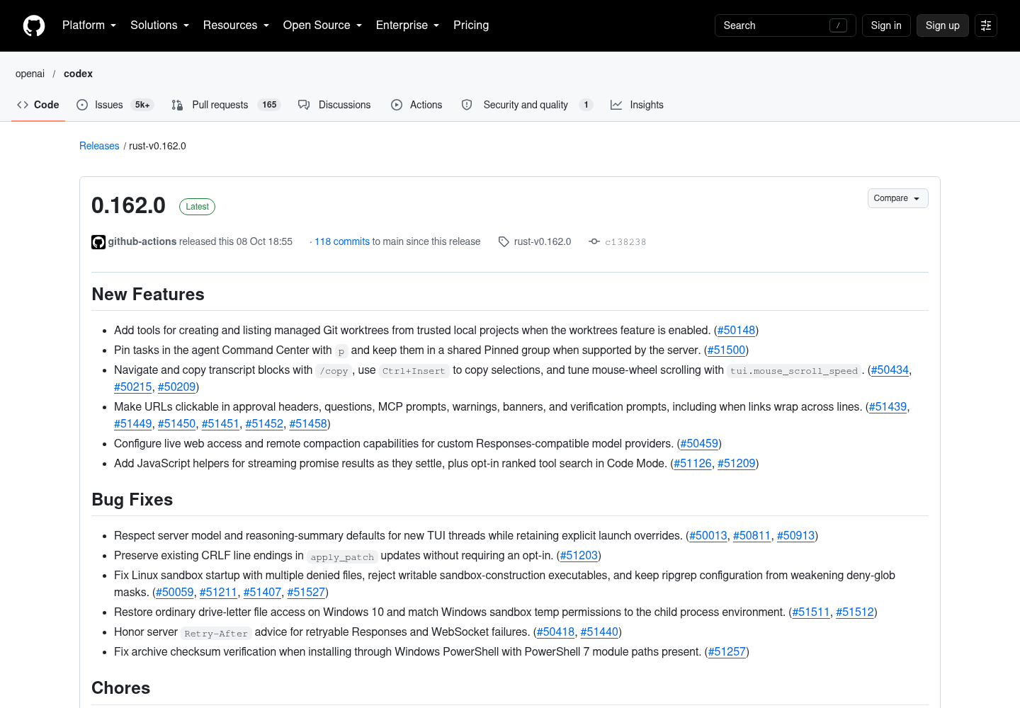 GitHub release page for openai/codex version 0.162.0 showing the release header, tag rust-v0.162.0, the New Features and Bug Fixes lists, and the changelog.