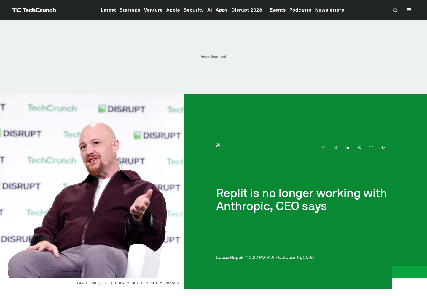 TechCrunch article page reporting Replit CEO Amjad Masad's statement that Replit is no longer working with Anthropic