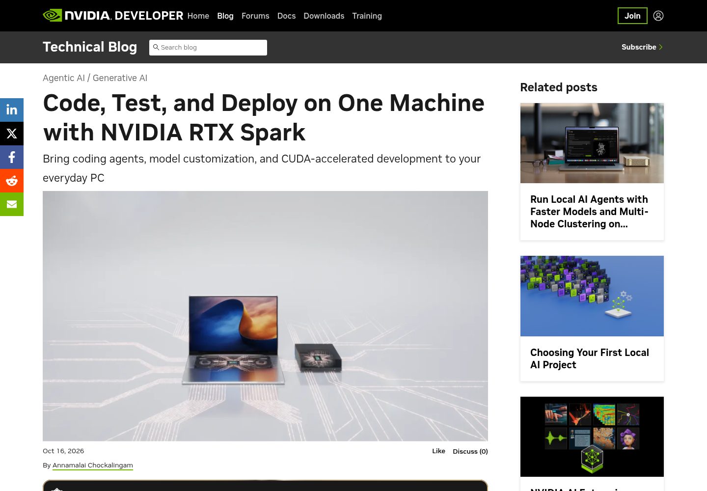 The NVIDIA Technical Blog page for its post titled Code, Test, and Deploy on One Machine with NVIDIA RTX Spark, dated Oct 16, 2026.