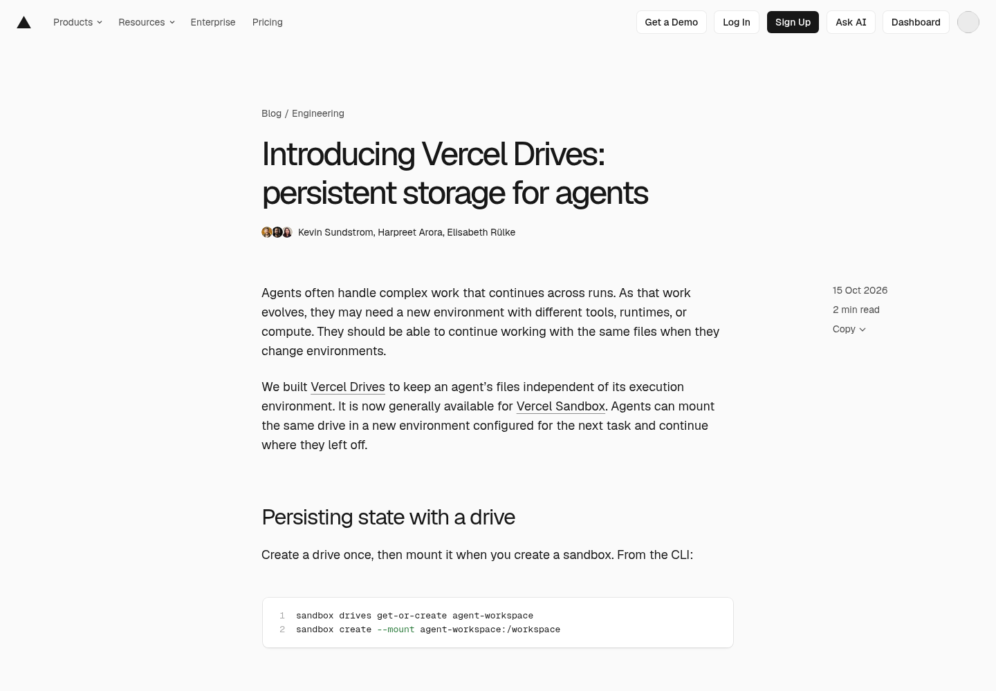 Vercel blog post titled Introducing Vercel Drives: persistent storage for agents, showing the author byline, 15 Oct 2026 date, the opening paragraph about agents needing persistent files across environments, and a CLI code block with the sandbox drives get-or-create agent-workspace and sandbox create --mount agent-workspace:/workspace commands
