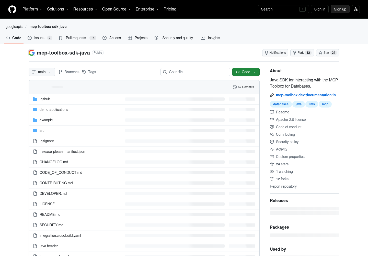 GitHub repository page for googleapis/mcp-toolbox-sdk-java showing the Code tab file listing and the About sidebar with topics, license, and star and fork counts.