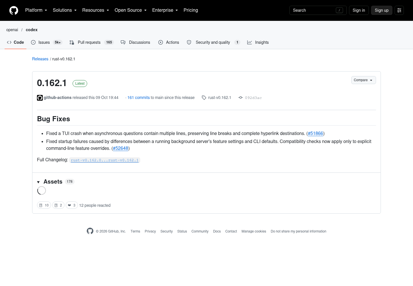 OpenAI’s GitHub publisher page for Codex release 0.162.1.