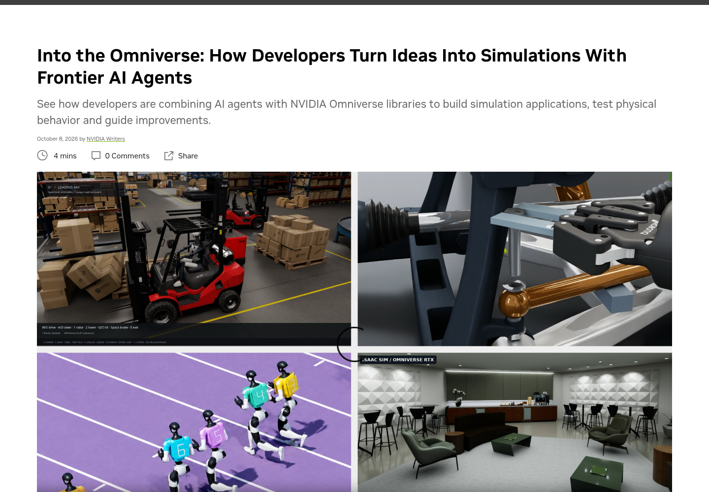 NVIDIA blog post page showing the headline, October 8 2026 byline, and four simulation stills.
