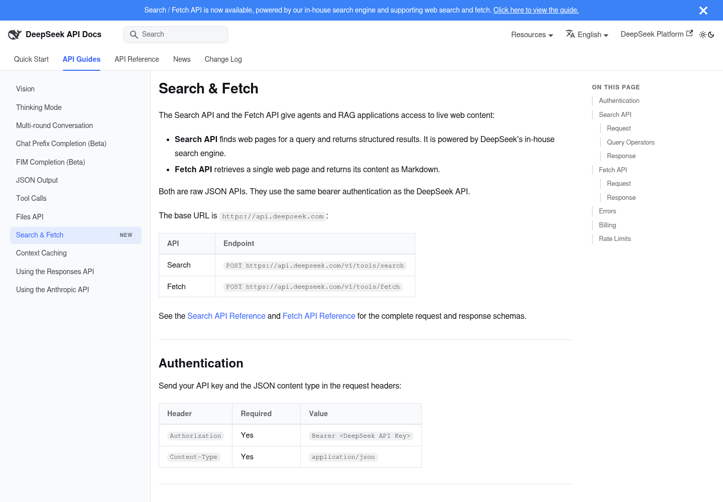 DeepSeek's Search & Fetch API guide capture showing the two-endpoint table and the bearer authentication table at the top of the page.