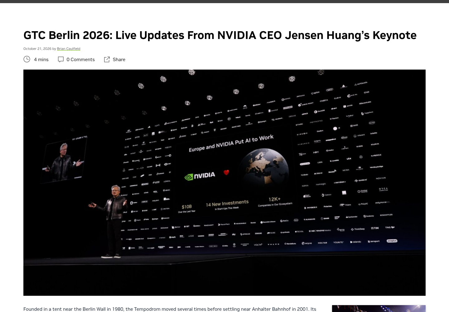 NVIDIA Blog's GTC Berlin 2026 keynote live-update page describing the Agent Knowledge Foundation and OpenShell Reference Architecture.