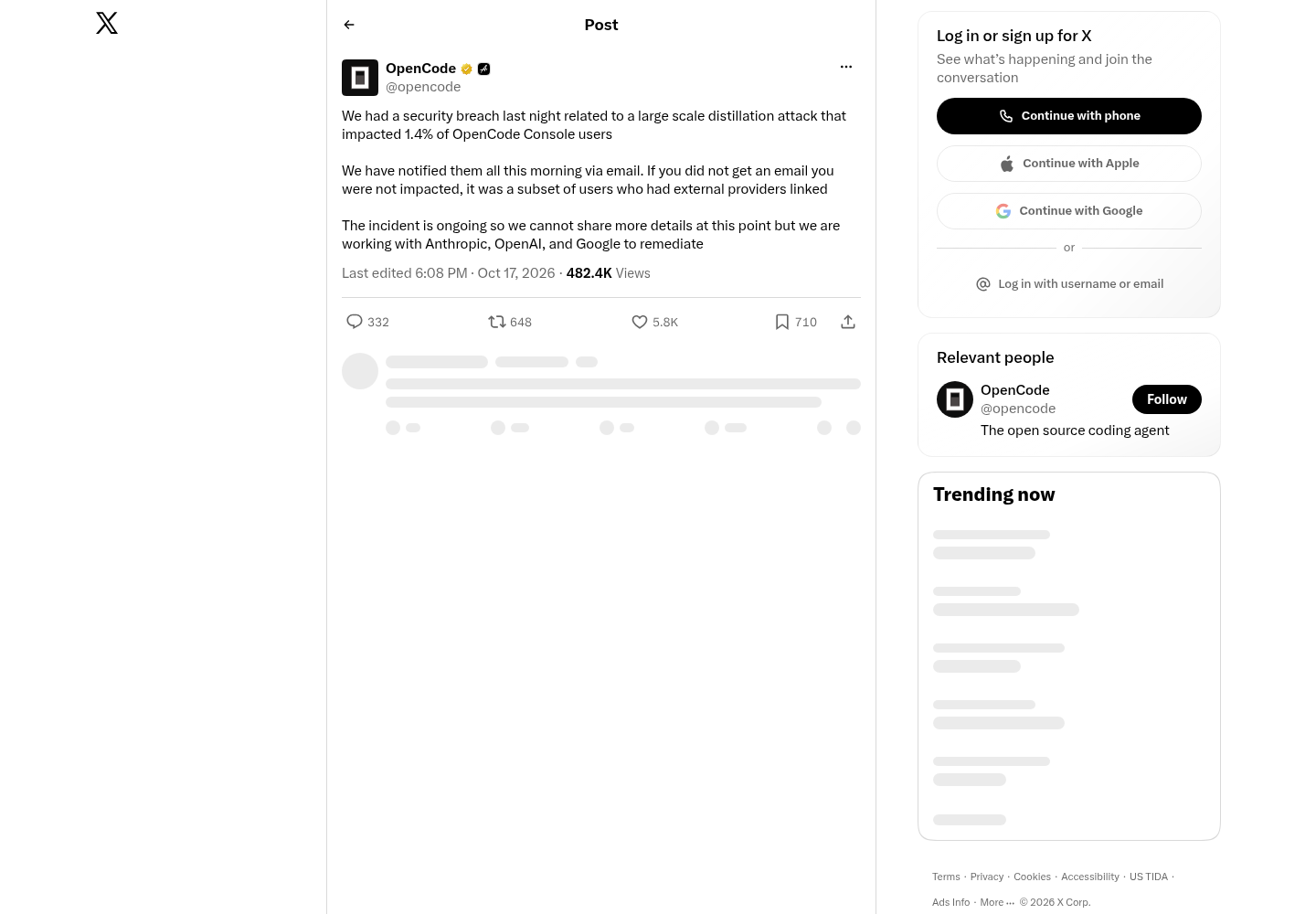 OpenCode's official X post confirming a security breach related to a large scale distillation attack that impacted 1.4% of OpenCode Console users.