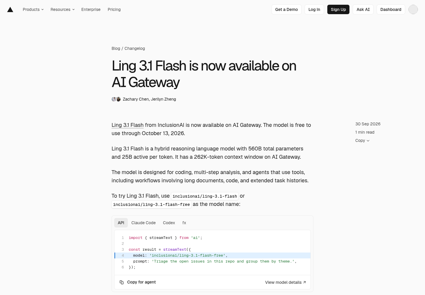Vercel changelog page titled Ling 3.1 Flash is now available on AI Gateway showing the 30 Sep 2026 publish date, the free-through-October-13-2026 note, the 262K-token gateway context sentence and the inclusionai model IDs with an API code sample.