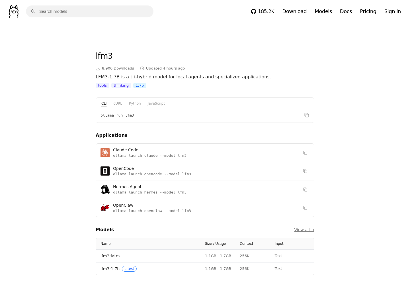 Ollama library page for lfm3 showing the LFM3-1.7B description line, the tools, thinking and 1.7b tags, ollama run lfm3, the Claude Code, OpenCode, Hermes Agent and OpenClaw launch lines, and the tag table listing lfm3:latest and lfm3:1.7b at 1.1GB - 1.7GB with a 256K context window and Text input.