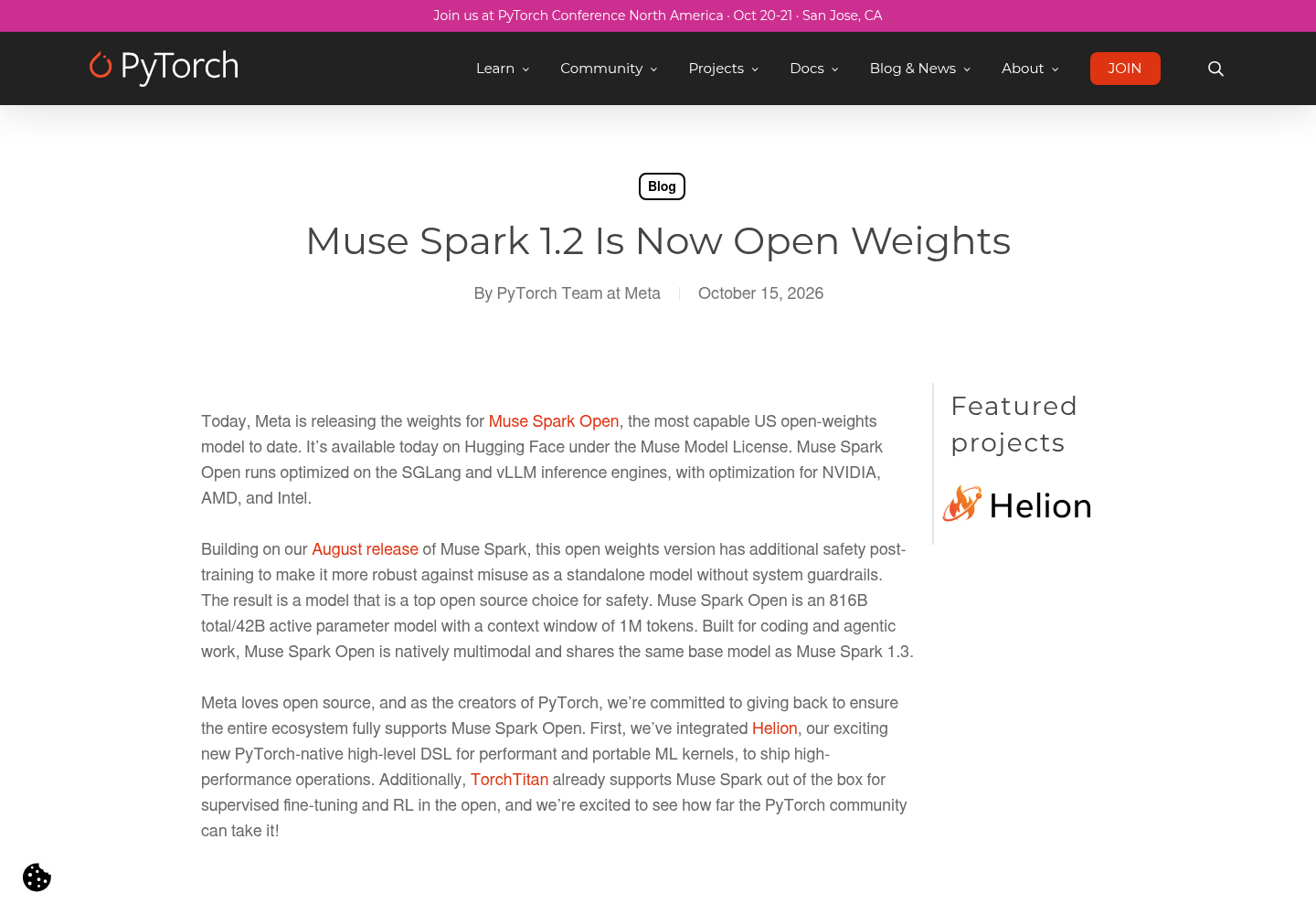 PyTorch's Muse Spark Open announcement page.