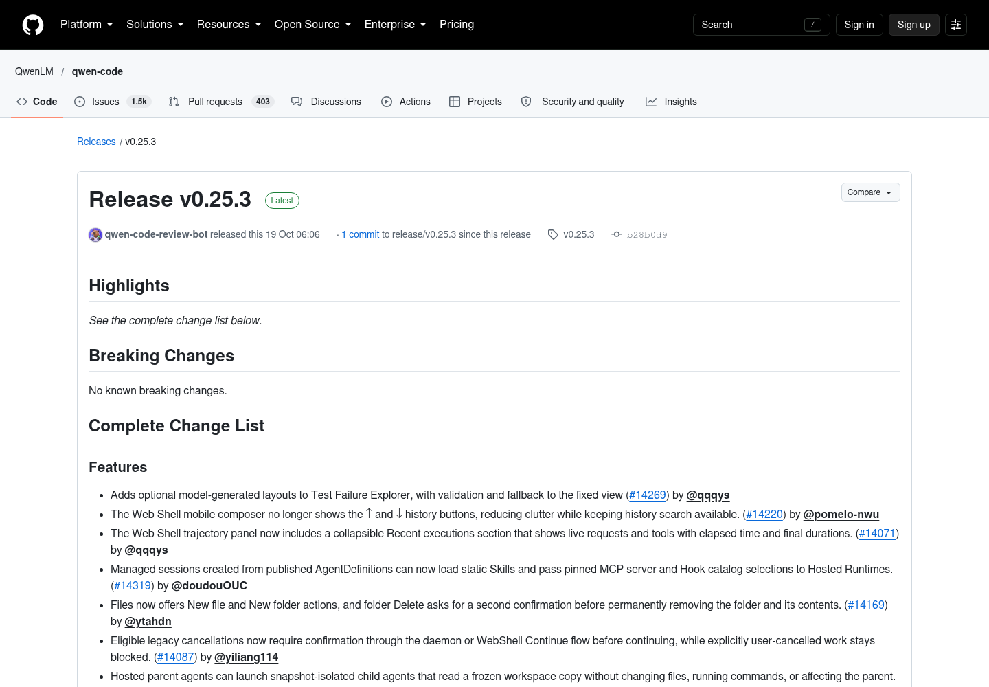 The GitHub release page for Qwen Code v0.25.3, showing the release date, highlights section, and the complete feature and fix change list.