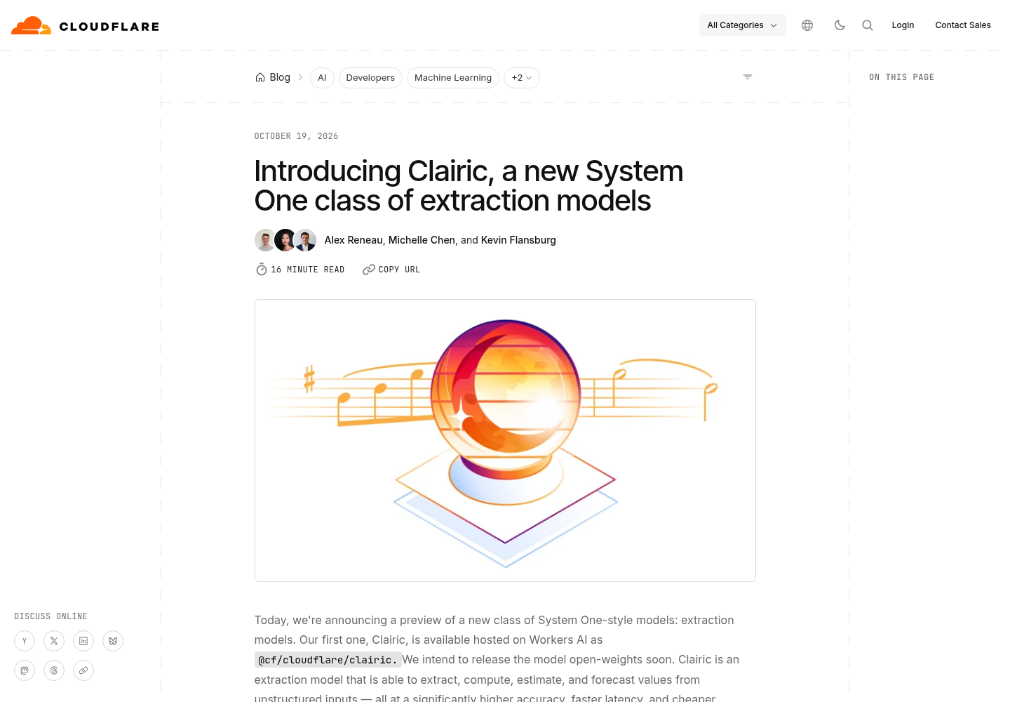 Cloudflare's blog post announcing Clairic, a System One class of extraction models.