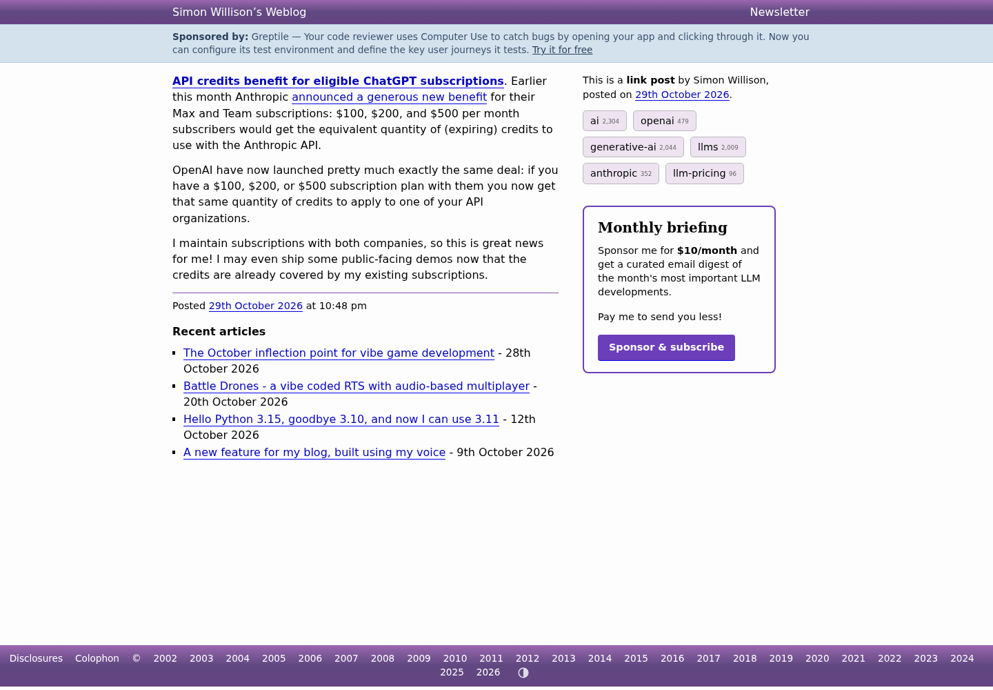Simon Willison's weblog link post API credits benefit for eligible ChatGPT subscriptions, dated 29 October 2026, describing OpenAI's credits benefit for $100, $200 and $500 subscription plans.