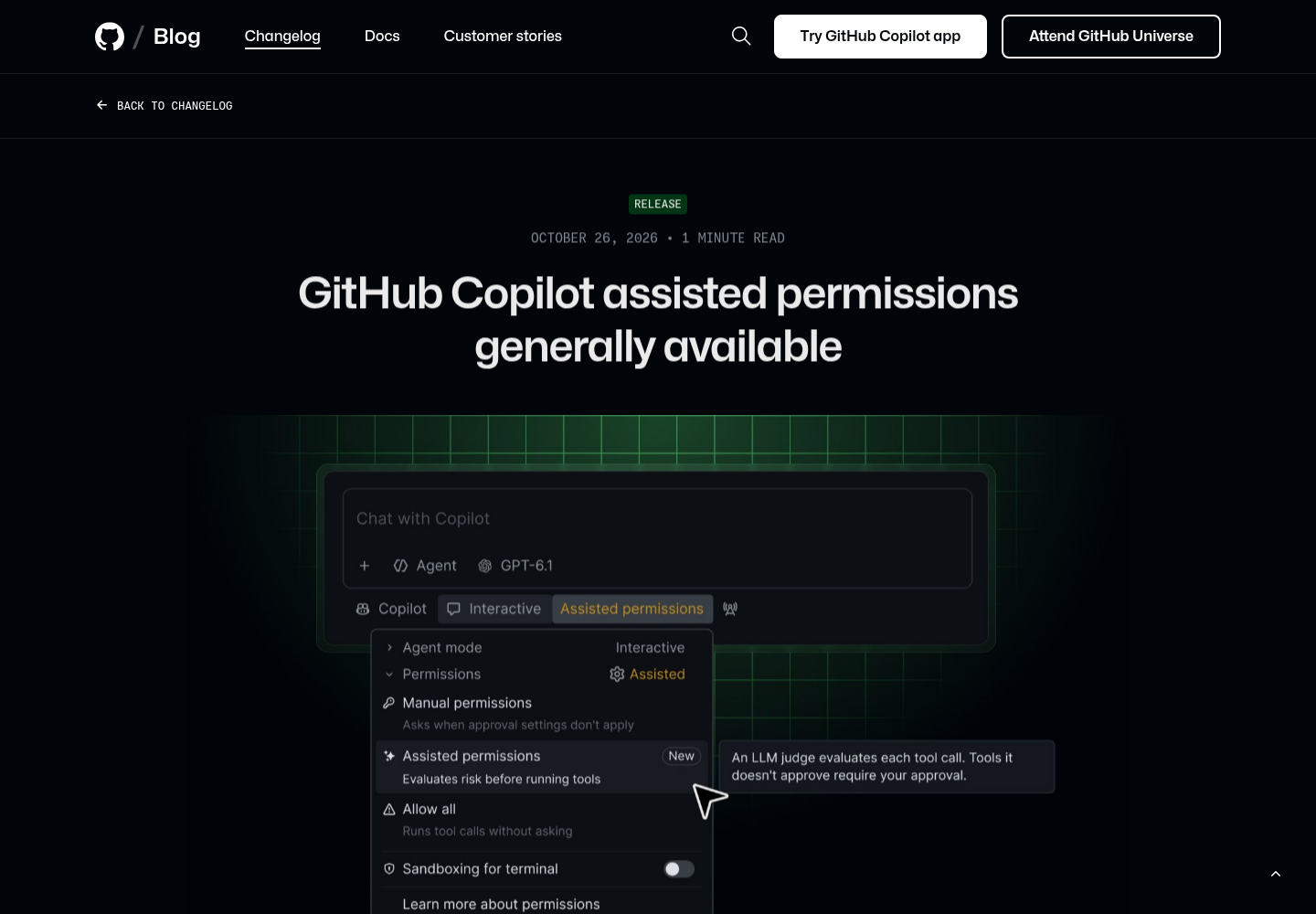GitHub Changelog page titled GitHub Copilot assisted permissions generally available.