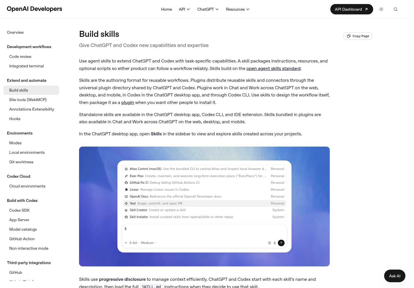 Screenshot of OpenAI's Build skills documentation page for Codex.