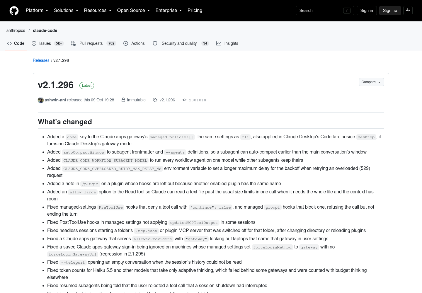 GitHub release page for anthropics/claude-code v2.1.296, captured October 9, 2026, showing the merged What's changed entries for the gateway code key, subagent autoCompactWindow, CLAUDE_CODE_WORKFLOW_SUBAGENT_MODEL, and the 56 fixes plus improvements shipped in the release.
