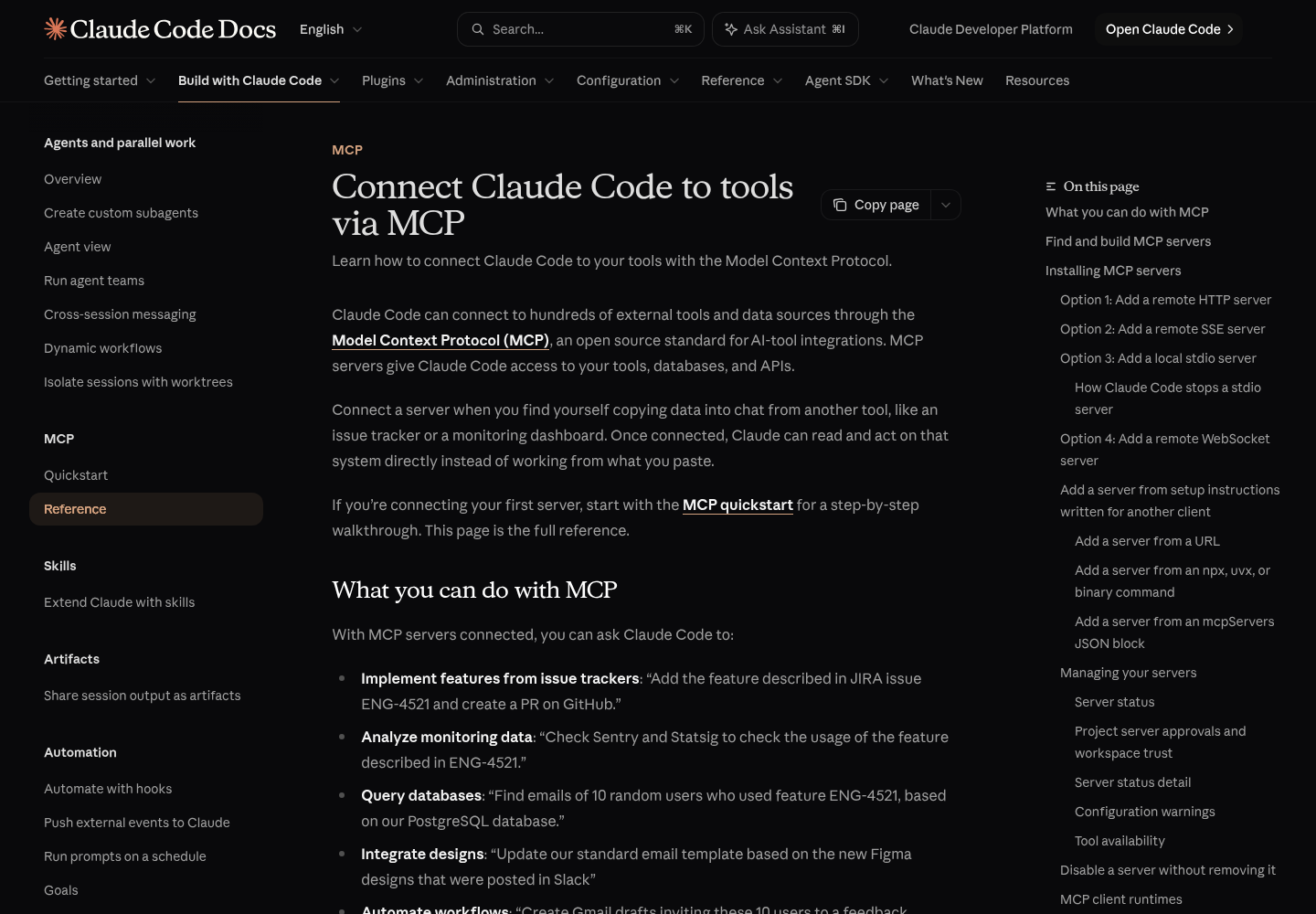 Top of Anthropic's Claude Code documentation page titled Connect Claude Code to tools via MCP