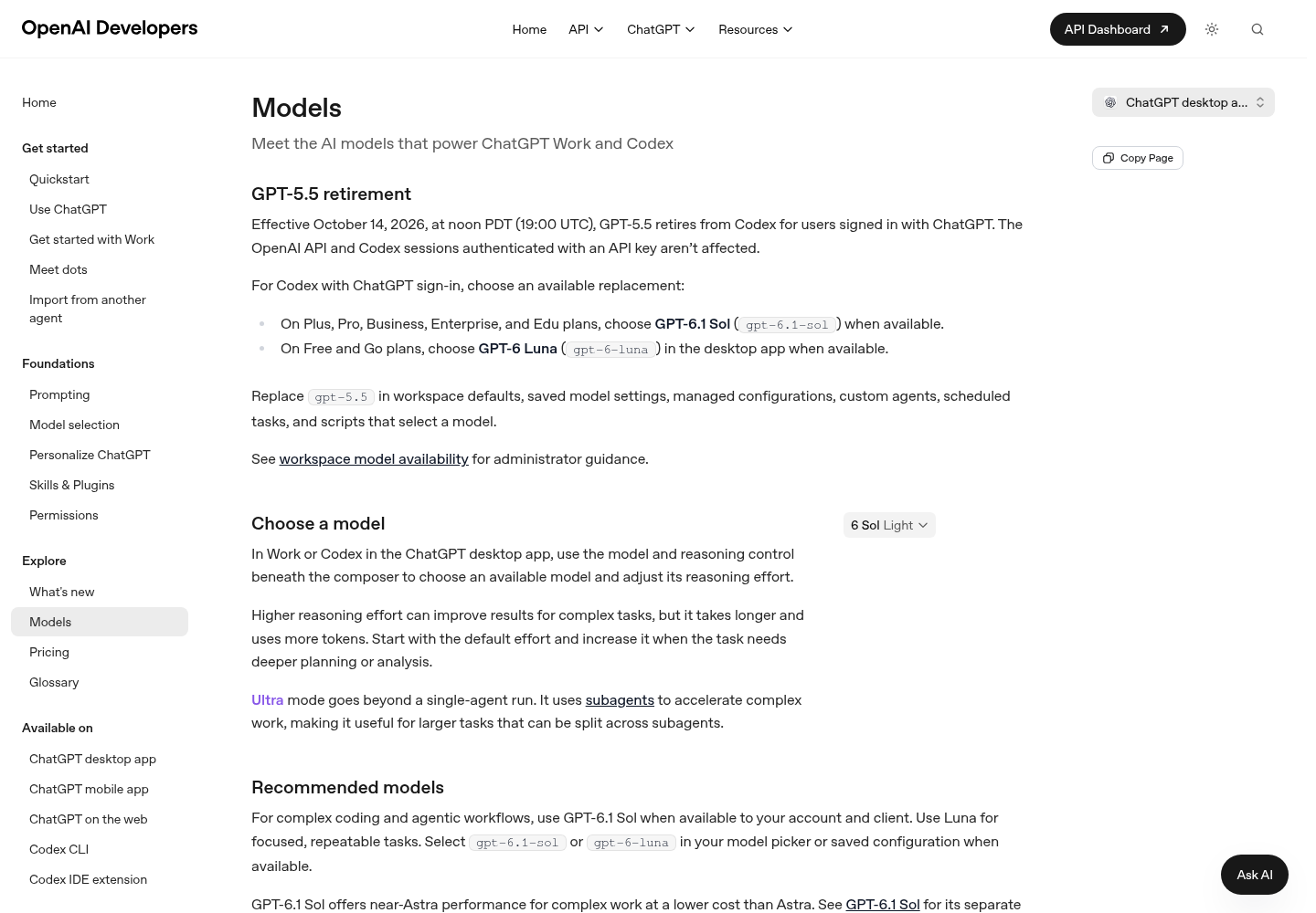 OpenAI ChatGPT model documentation page showing the GPT-5.5 retirement notice, effective October 14, 2026 at noon PDT, with plan-specific replacement models GPT-6.1 Sol and GPT-6 Luna.