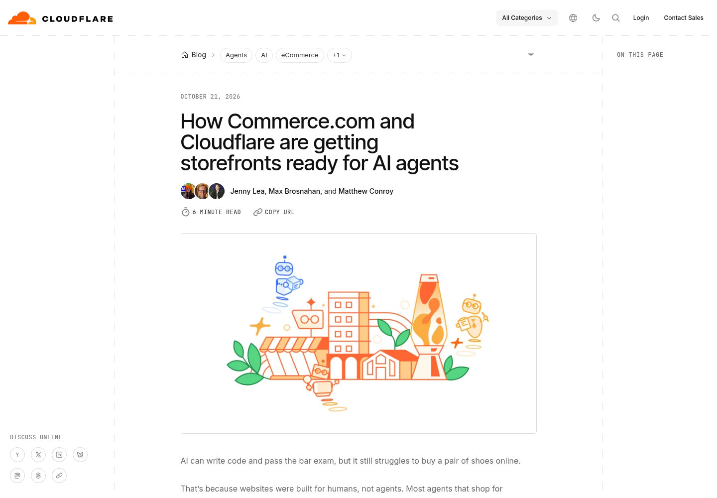 Cloudflare blog article announcing WebMCP enablement across Commerce.com storefronts.